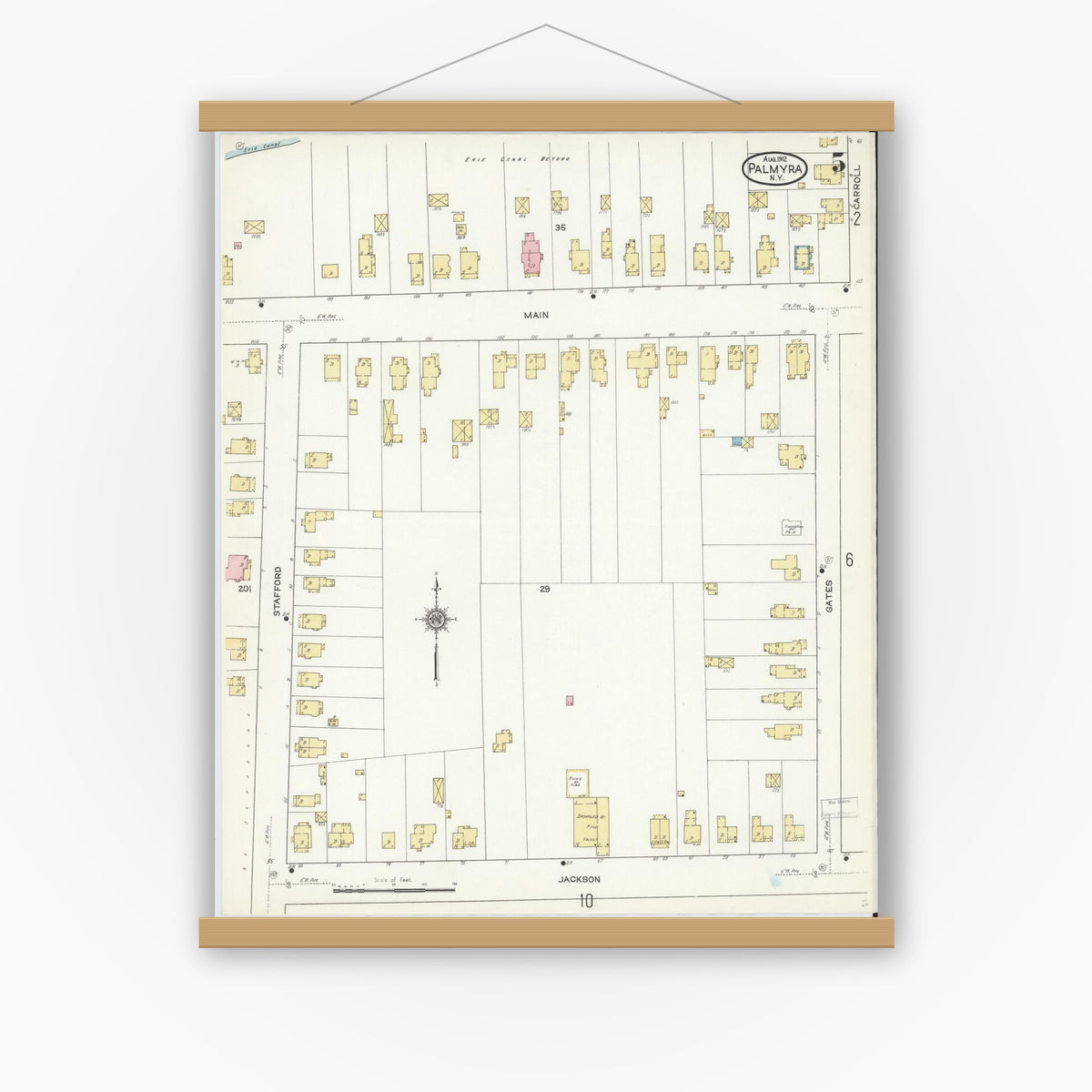 Old map wall art mockup — magnetic wood frame on white wall — Sanborn Fire Insurance Map from Palmyra, Wayne County, New York (1912), Sheet #0005