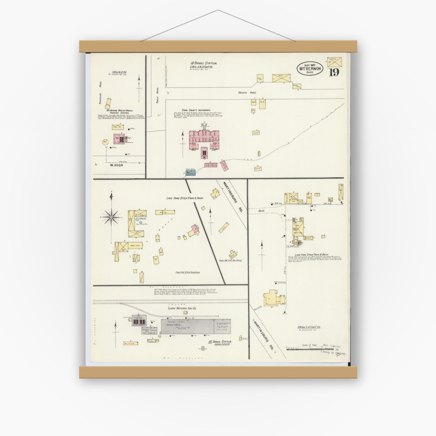 Old map wall art mockup — magnetic wood frame on white wall — Sanborn Fire Insurance Map from Mount Vernon, Knox County, Ohio (1907), Sheet #0019