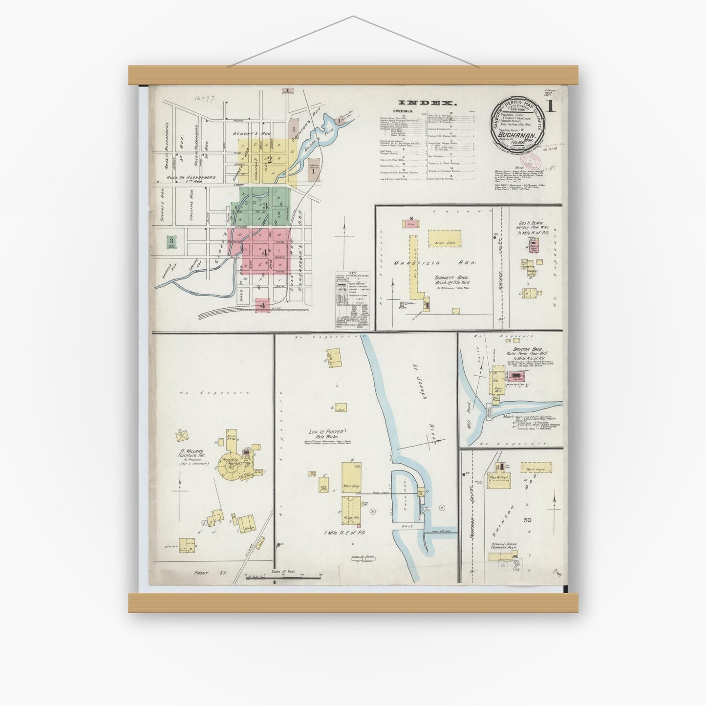 Old map wall art mockup — magnetic wood frame on white wall — Sanborn Fire Insurance Map from Buchanan, Berrien County, Michigan (1895), Sheet #0001