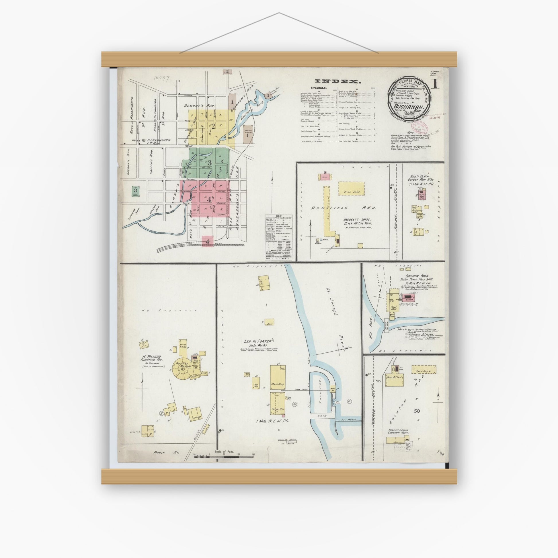Old map wall art mockup — magnetic wood frame on white wall — Sanborn Fire Insurance Map from Buchanan, Berrien County, Michigan (1895), Sheet #0001