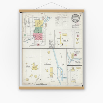 Old map wall art mockup — magnetic wood frame on white wall — Sanborn Fire Insurance Map from Buchanan, Berrien County, Michigan (1895), Sheet #0001