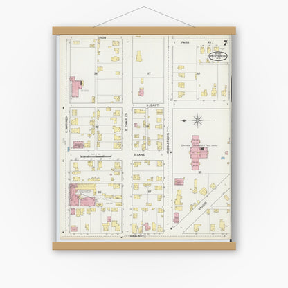 Old map wall art mockup — magnetic wood frame on white wall — Sanborn Fire Insurance Map from Bucyrus, Crawford County, Ohio (1892), Sheet #0007