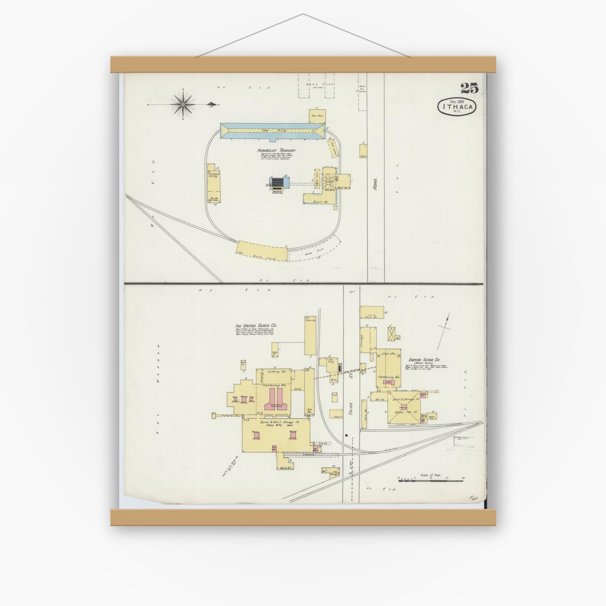 Old map wall art mockup — magnetic wood frame on white wall — Sanborn Fire Insurance Map from Ithaca, Tompkins County, New York (1893), Sheet #0025