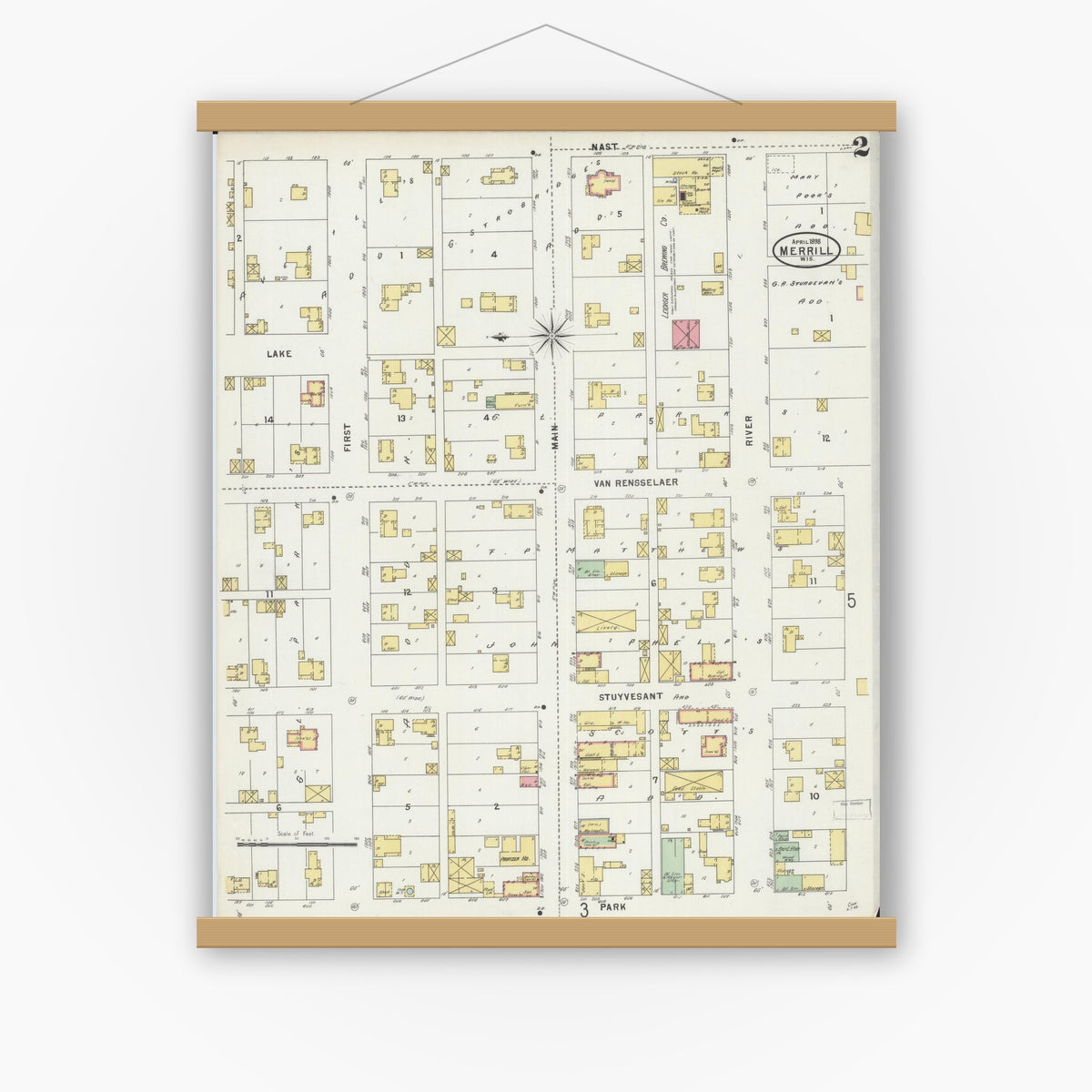 Old map wall art mockup — magnetic wood frame on white wall — Sanborn Fire Insurance Map from Merrill, Lincoln County, Wisconsin (1898), Sheet #0002