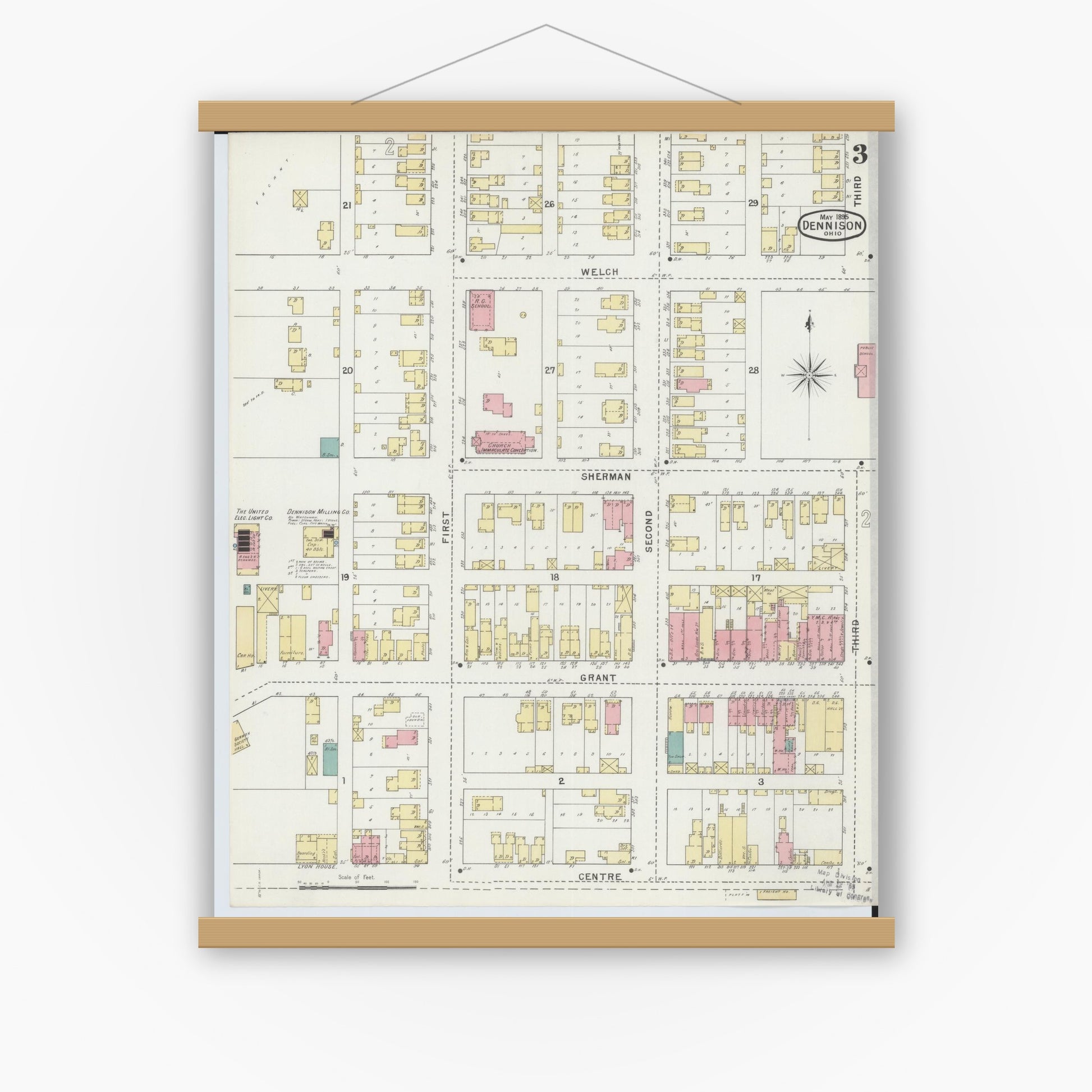 Old map wall art mockup — magnetic wood frame on white wall — Sanborn Fire Insurance Map from Dennison, Tuscarawas County, Ohio (1895), Sheet #0003