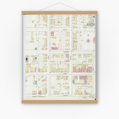 Old map wall art mockup — magnetic wood frame on white wall — Sanborn Fire Insurance Map from Dennison, Tuscarawas County, Ohio (1895), Sheet #0003