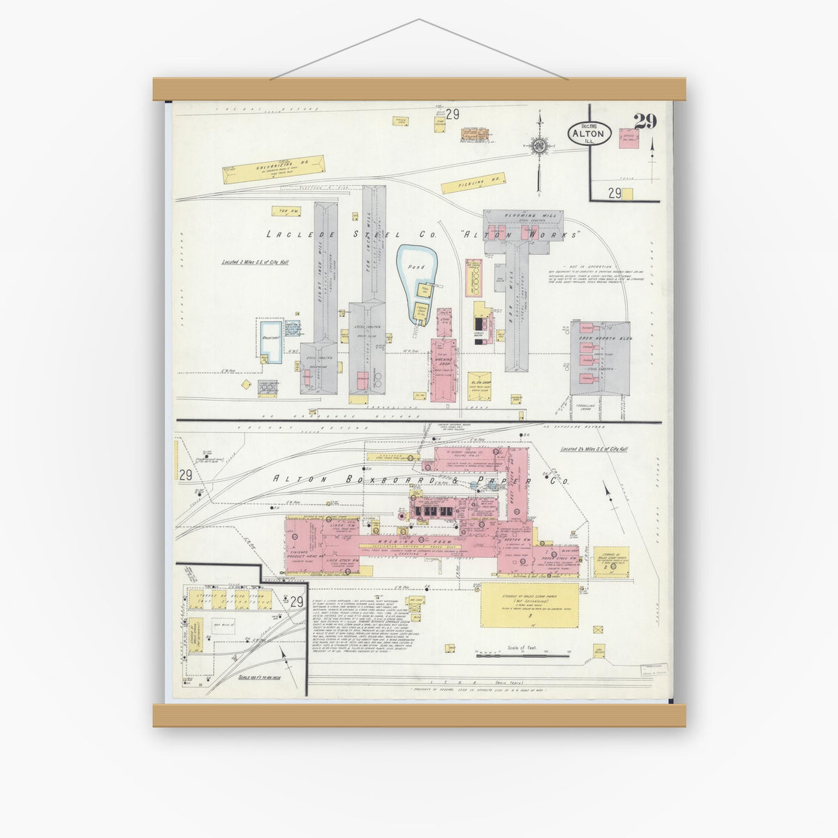 Old map wall art mockup — magnetic wood frame on white wall — Sanborn Fire Insurance Map from Alton, Madison County, Illinois (1915), Sheet #0029