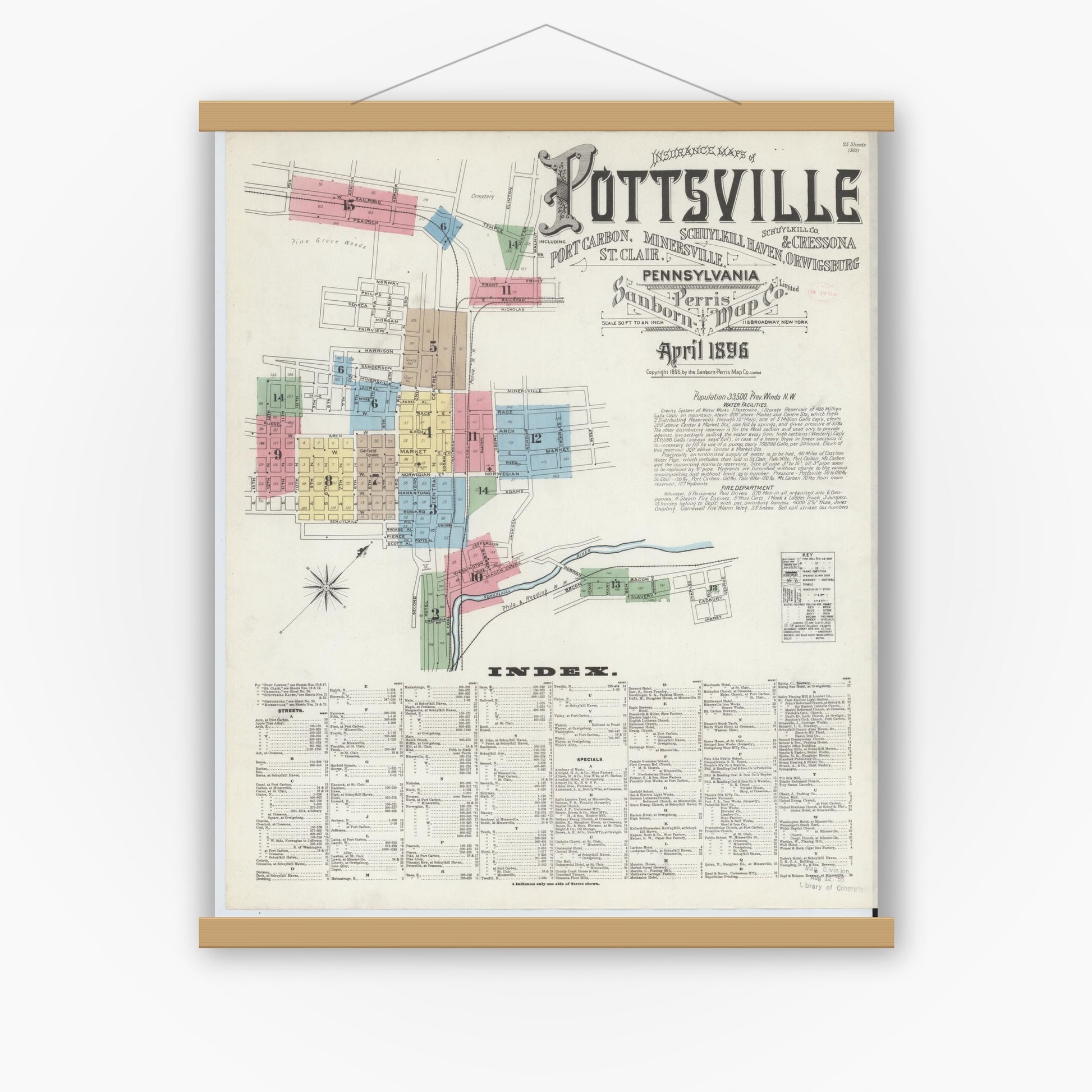 Old map wall art mockup — magnetic wood frame on white wall — Sanborn Fire Insurance Map from Pottsville, Schuylkill County, Pennsylvania (1895), Sheet #0001