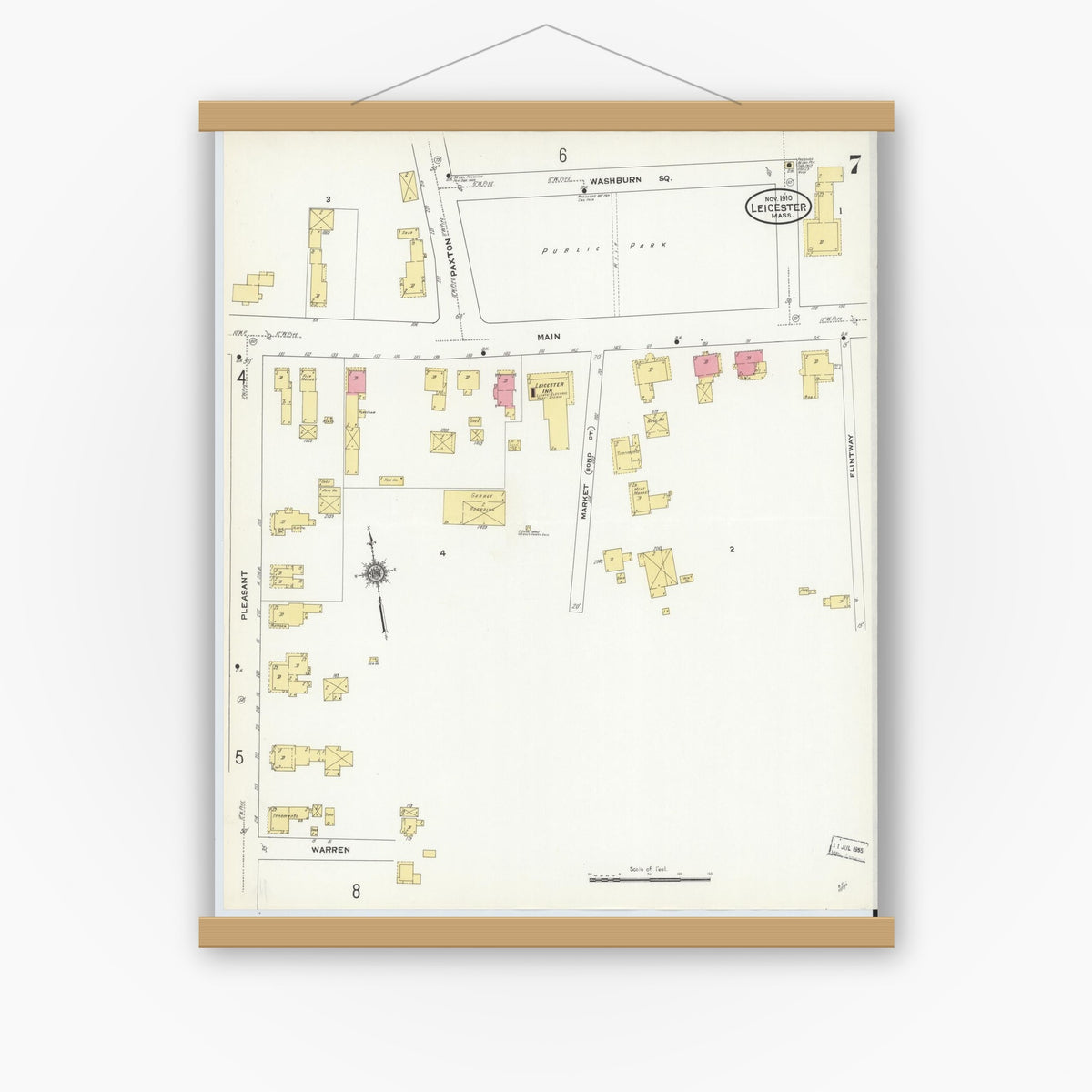Old map wall art mockup — magnetic wood frame on white wall — Sanborn Fire Insurance Map from Leicester, Worcester County, Massachusetts (1910), Sheet #0007