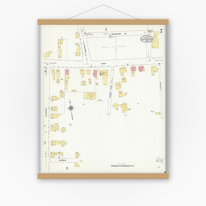 Old map wall art mockup — magnetic wood frame on white wall — Sanborn Fire Insurance Map from Leicester, Worcester County, Massachusetts (1910), Sheet #0007