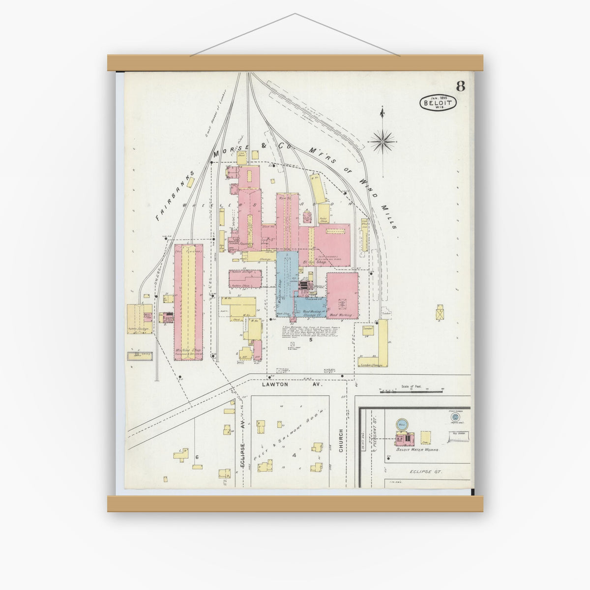 Old map wall art mockup — magnetic wood frame on white wall — Sanborn Fire Insurance Map from Beloit, Rock County, Wisconsin (1895), Sheet #0008