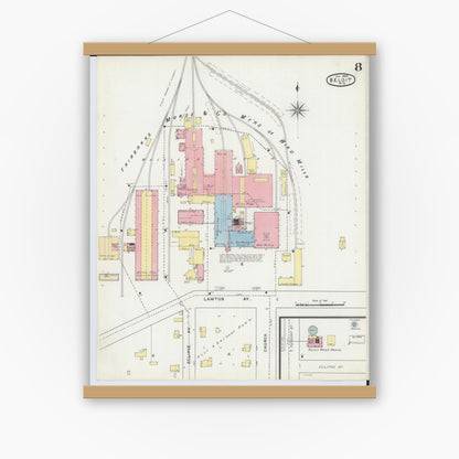 Old map wall art mockup — magnetic wood frame on white wall — Sanborn Fire Insurance Map from Beloit, Rock County, Wisconsin (1895), Sheet #0008
