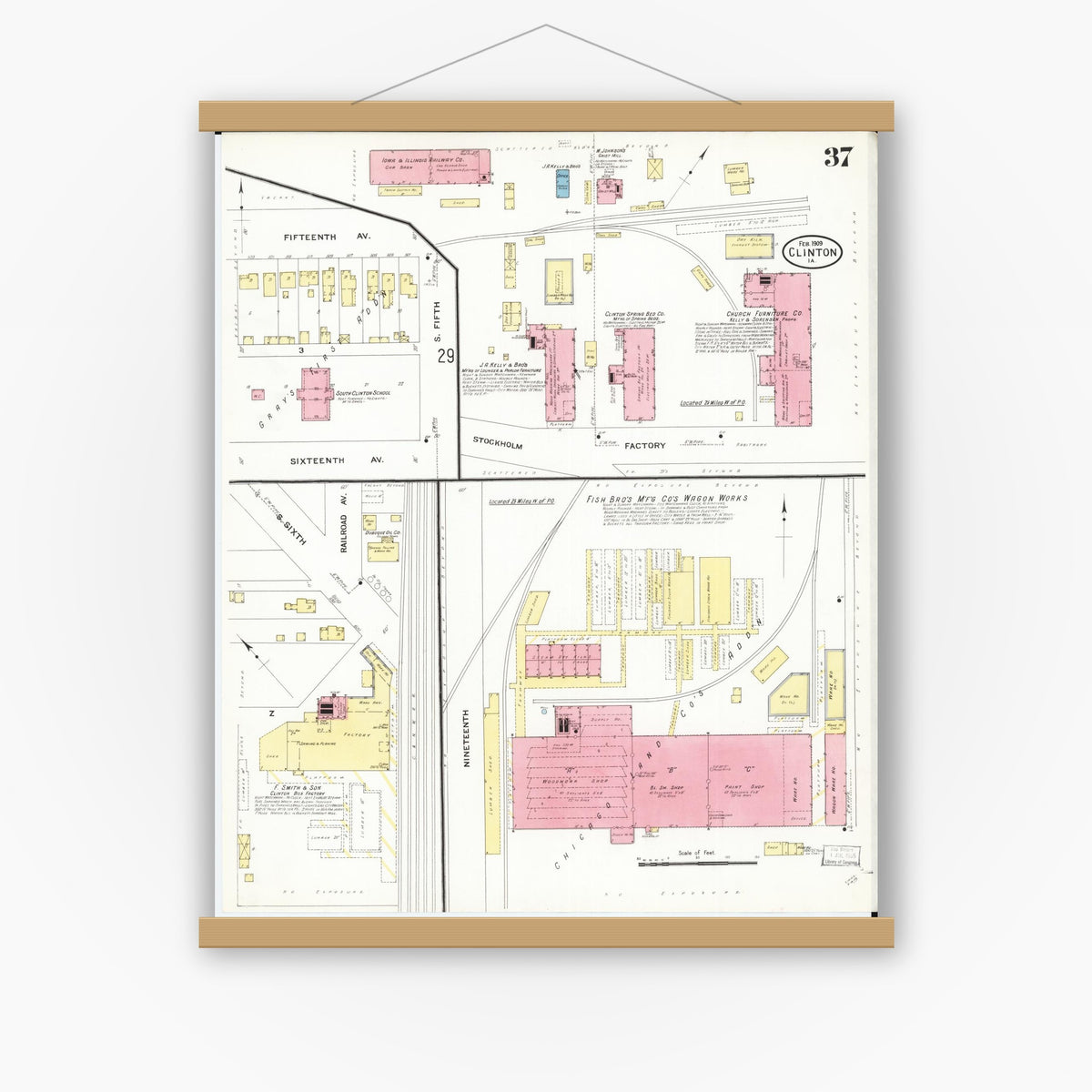 Old map wall art mockup — magnetic wood frame on white wall — Sanborn Fire Insurance Map from Clinton, Clinton County, Iowa (1909), Sheet #0037