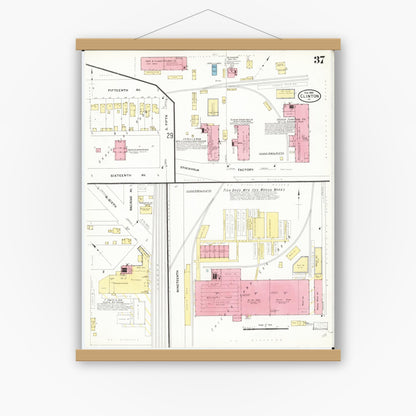 Old map wall art mockup — magnetic wood frame on white wall — Sanborn Fire Insurance Map from Clinton, Clinton County, Iowa (1909), Sheet #0037