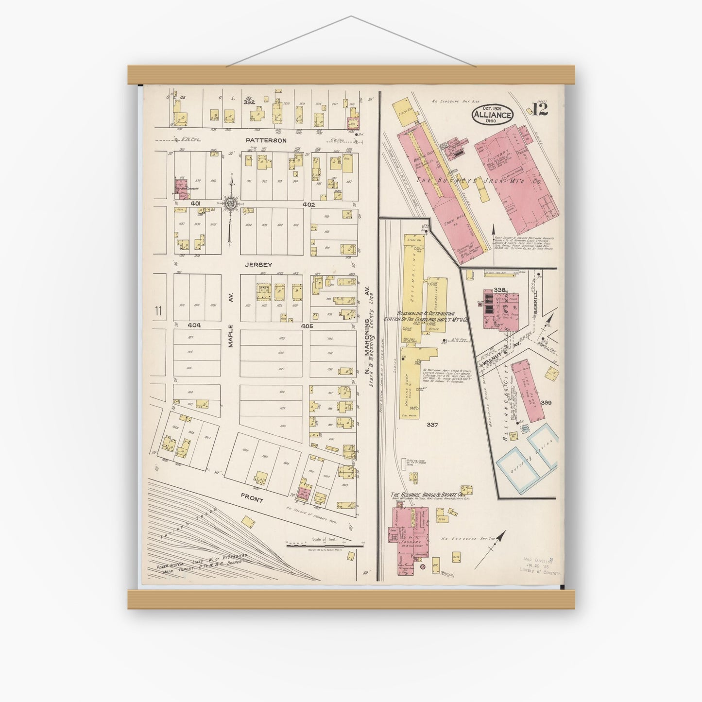 Old map wall art mockup — magnetic wood frame on white wall — Sanborn Fire Insurance Map from Alliance, Stark County, Ohio (1921), Sheet #0012