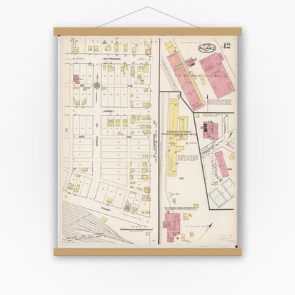 Old map wall art mockup — magnetic wood frame on white wall — Sanborn Fire Insurance Map from Alliance, Stark County, Ohio (1921), Sheet #0012