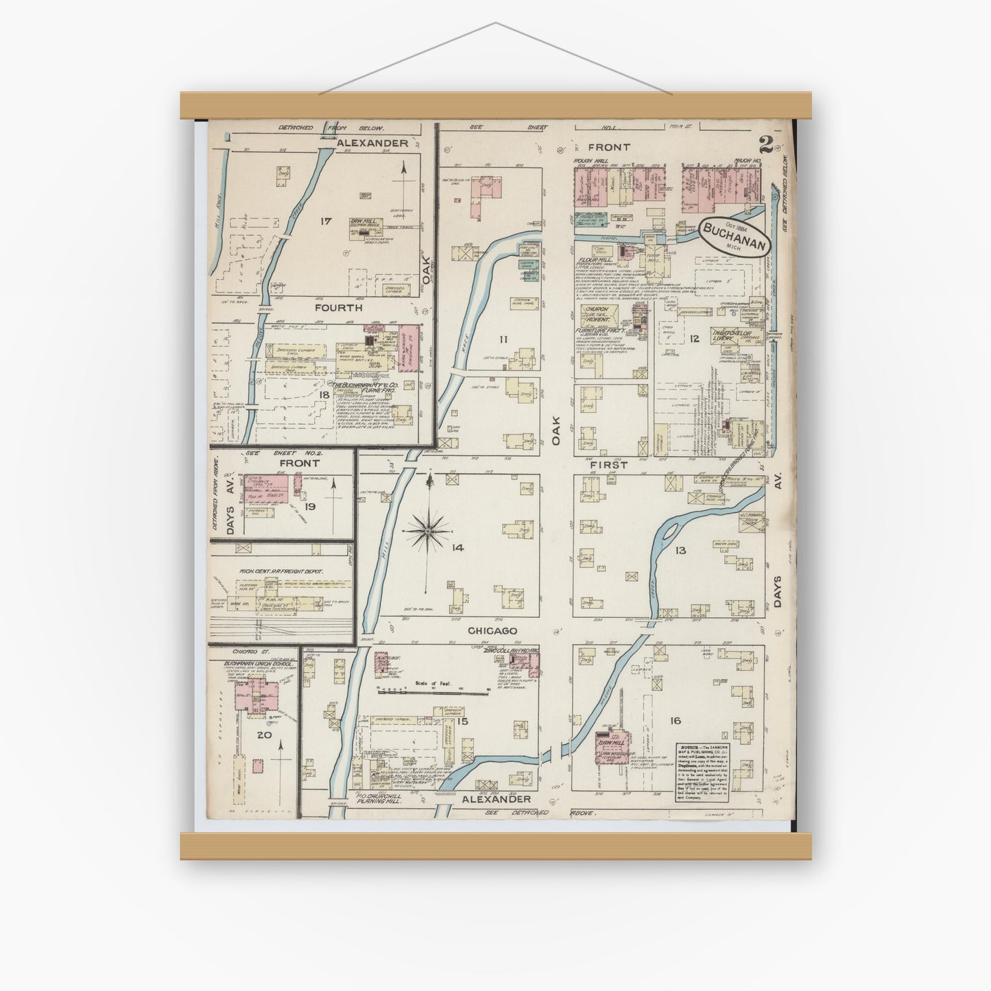 Old map wall art mockup — magnetic wood frame on white wall — Sanborn Fire Insurance Map from Buchanan, Berrien County, Michigan (1884), Sheet #0002
