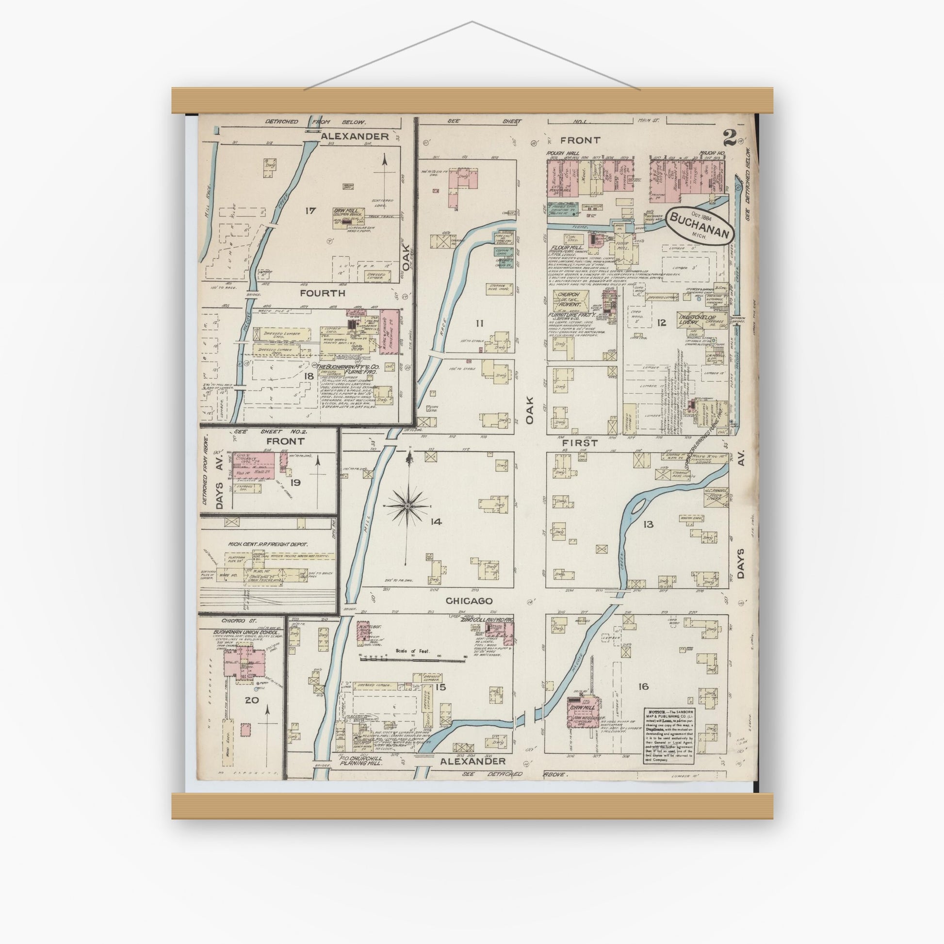 Old map wall art mockup — magnetic wood frame on white wall — Sanborn Fire Insurance Map from Buchanan, Berrien County, Michigan (1884), Sheet #0002