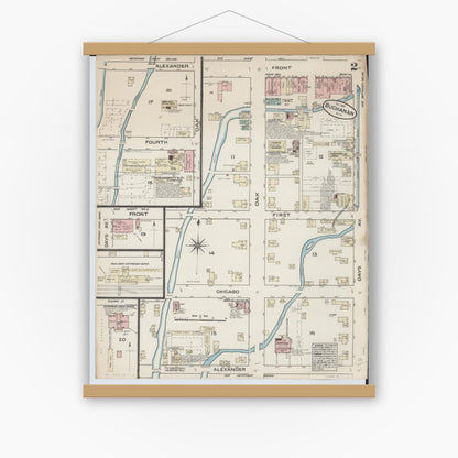 Old map wall art mockup — magnetic wood frame on white wall — Sanborn Fire Insurance Map from Buchanan, Berrien County, Michigan (1884), Sheet #0002