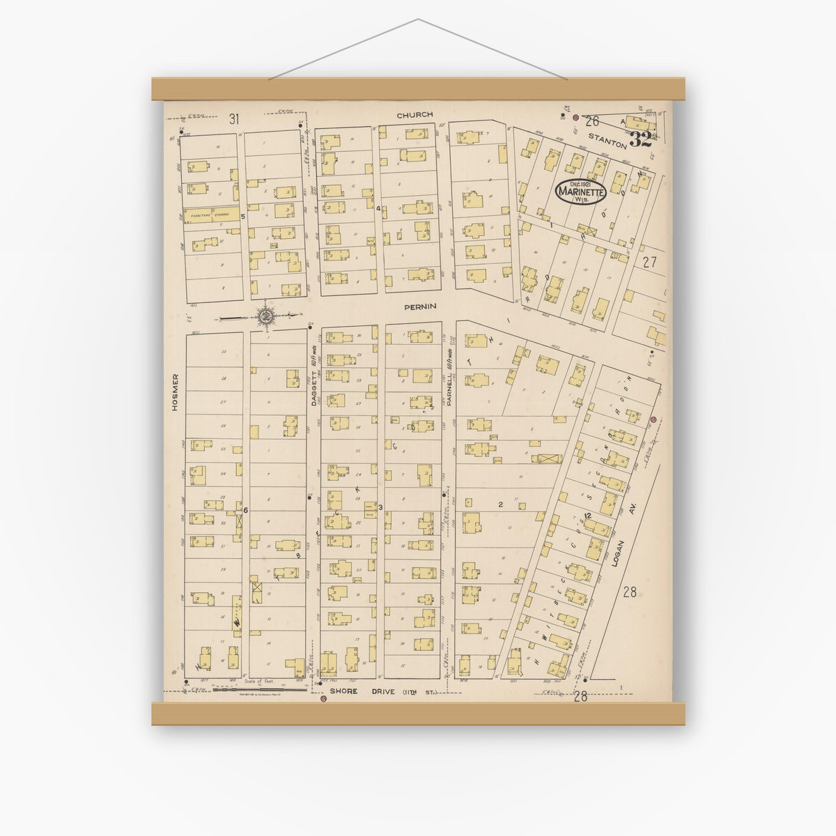 Old map wall art mockup — magnetic wood frame on white wall — Sanborn Fire Insurance Map from Marinette, Marinette County, Wisconsin (1921), Sheet #0032