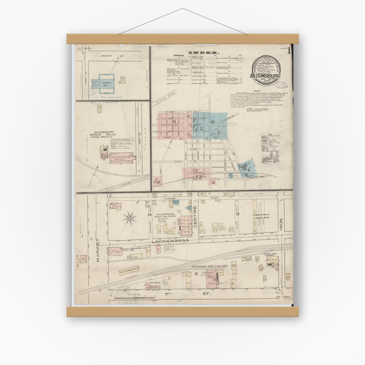 Old map wall art mockup — magnetic wood frame on white wall — Sanborn Fire Insurance Map from Bloomsburg, Columbia County, Pennsylvania (1885) - Complete Map Set