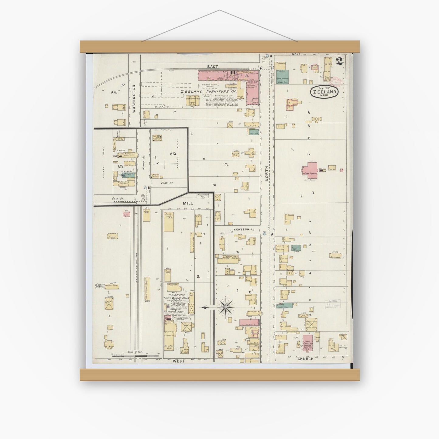 Old map wall art mockup — magnetic wood frame on white wall — Sanborn Fire Insurance Map from Zeeland, Ottawa County, Michigan (1895), Sheet #0002