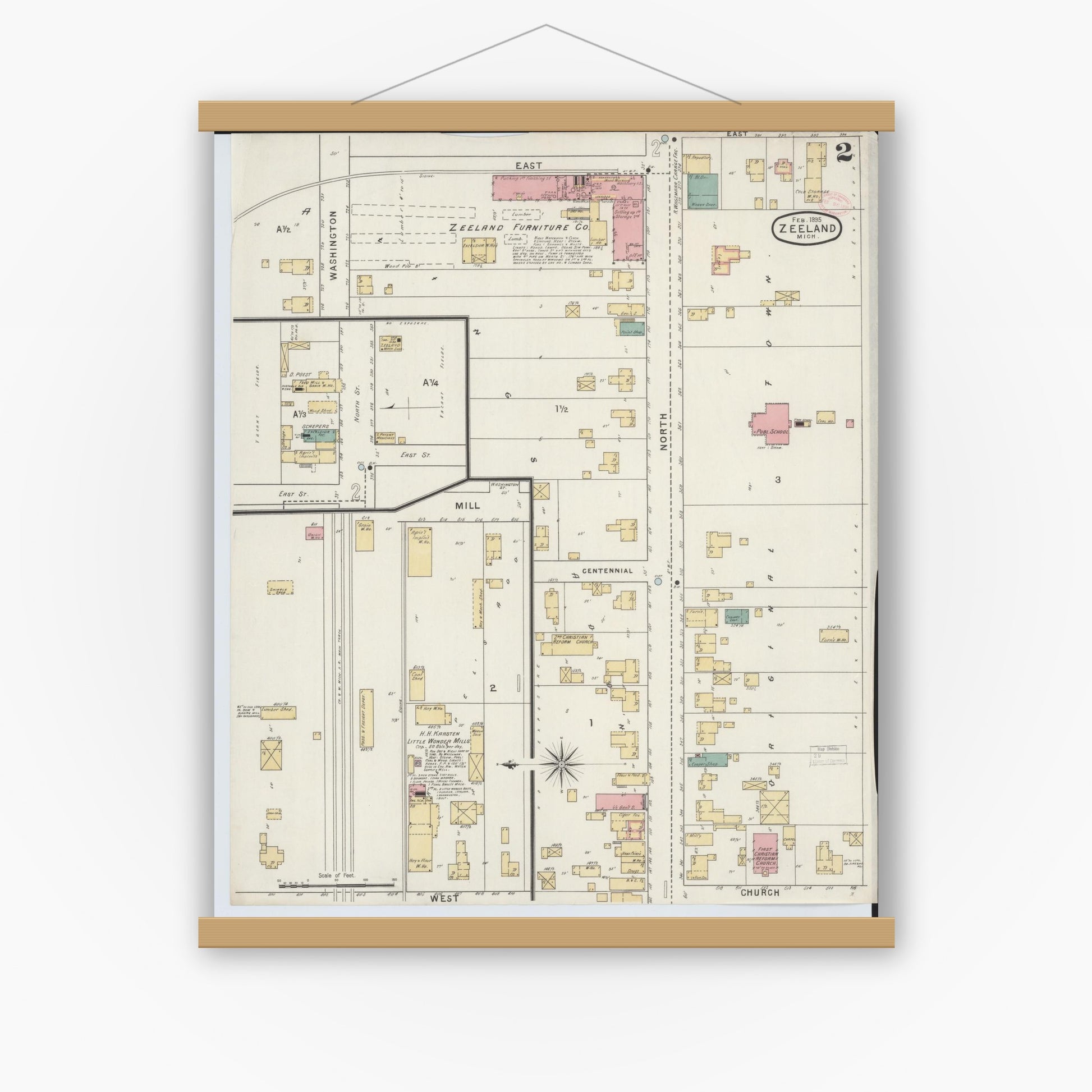 Old map wall art mockup — magnetic wood frame on white wall — Sanborn Fire Insurance Map from Zeeland, Ottawa County, Michigan (1895), Sheet #0002