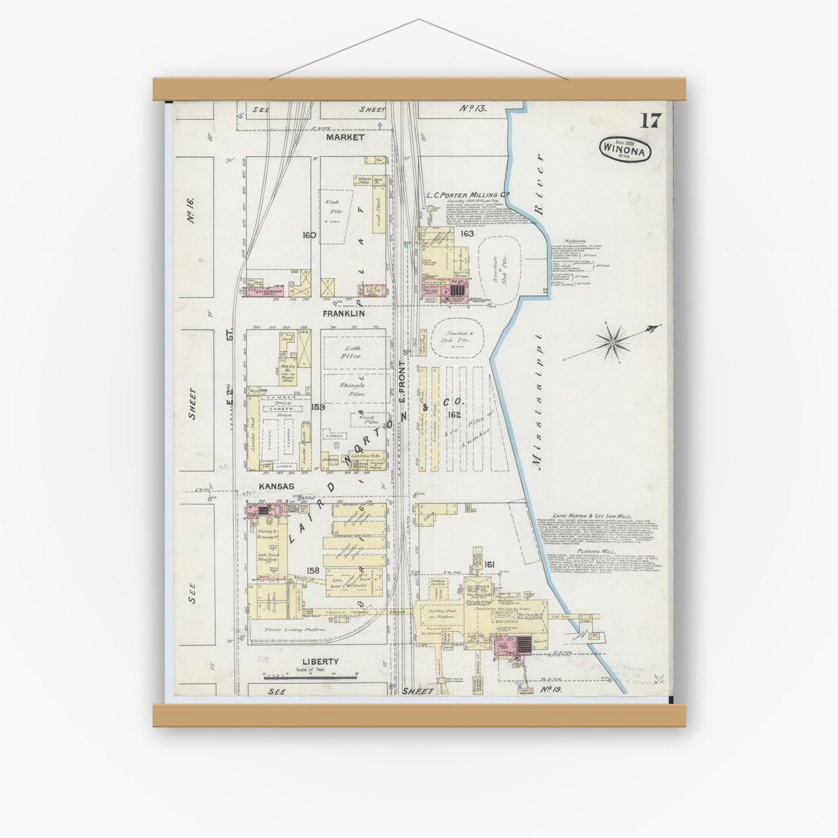Old map wall art mockup — magnetic wood frame on white wall — Sanborn Fire Insurance Map from Winona, Winona County, Minnesota (1889), Sheet #0017