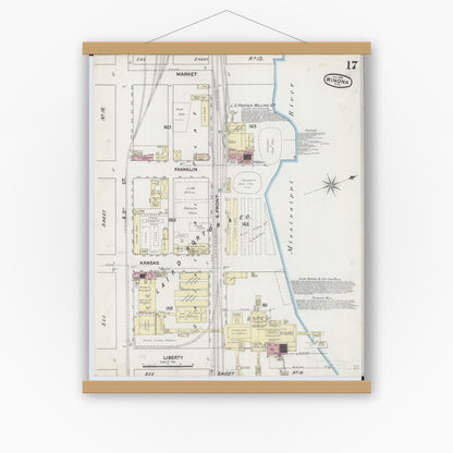 Old map wall art mockup — magnetic wood frame on white wall — Sanborn Fire Insurance Map from Winona, Winona County, Minnesota (1889), Sheet #0017