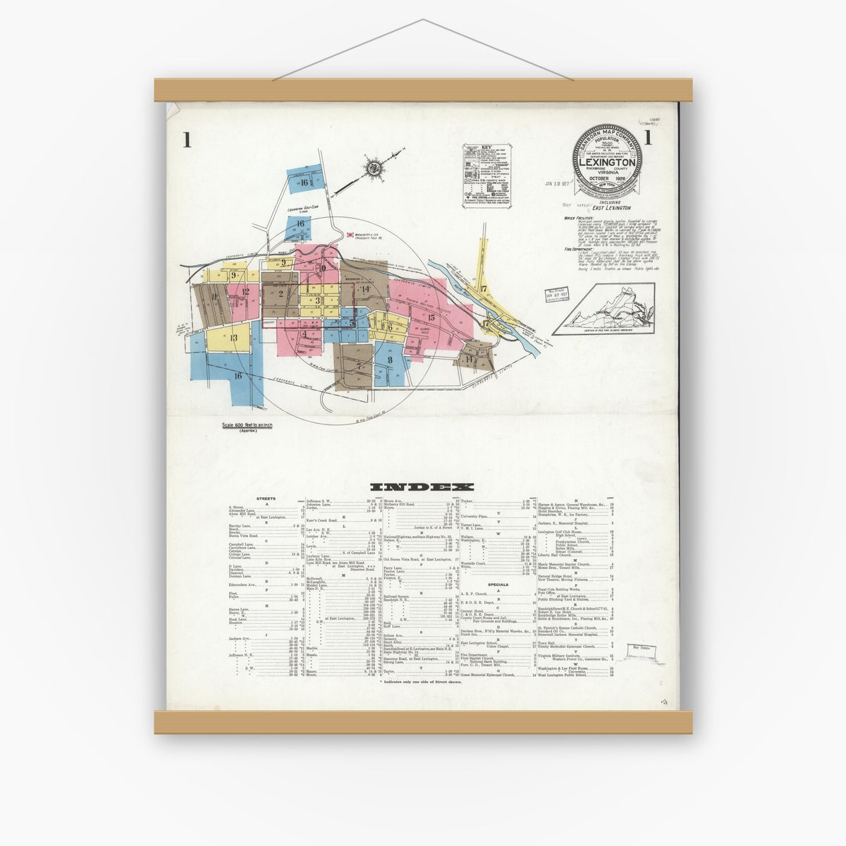 Old map wall art mockup — magnetic wood frame on white wall — Sanborn Fire Insurance Map from Lexington, Independent Cities, Virginia (1926) - Complete Map Set