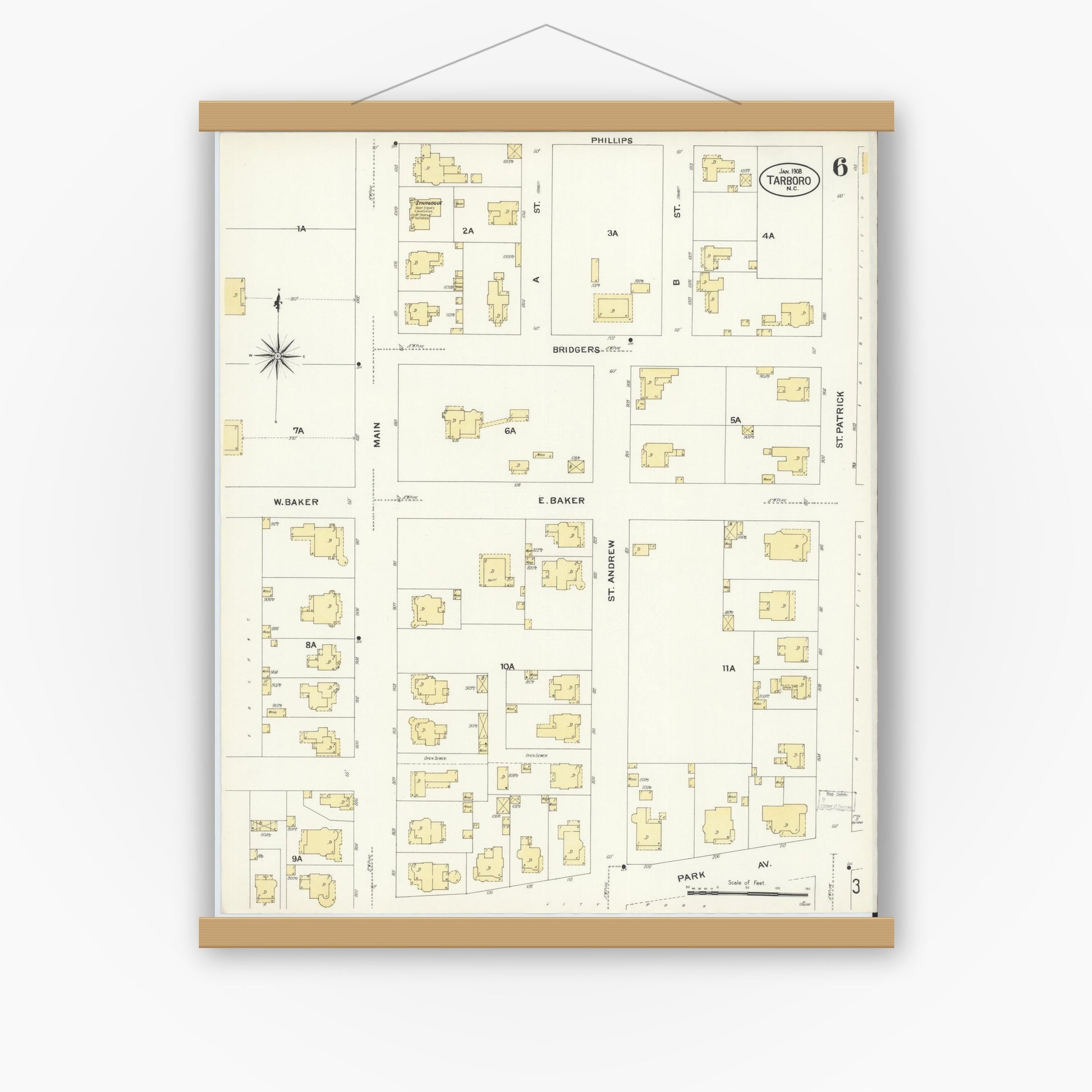 Old map wall art mockup — magnetic wood frame on white wall — Sanborn Fire Insurance Map from Tarboro, Edgecombe County, North Carolina (1908), Sheet #0006
