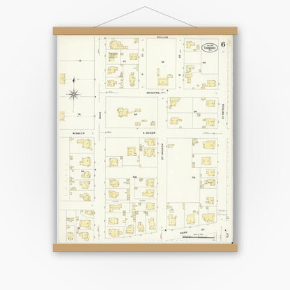 Old map wall art mockup — magnetic wood frame on white wall — Sanborn Fire Insurance Map from Tarboro, Edgecombe County, North Carolina (1908), Sheet #0006