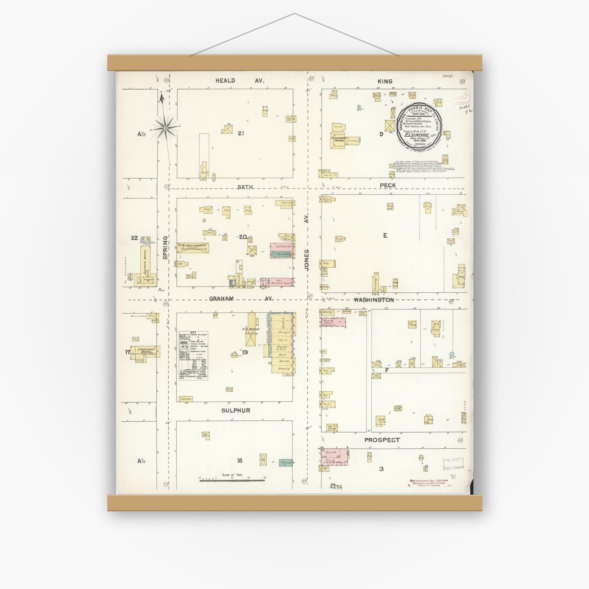 Old map wall art mockup — magnetic wood frame on white wall — Sanborn Fire Insurance Map from Elsinore, Riverside County, California (1890), Sheet #0001