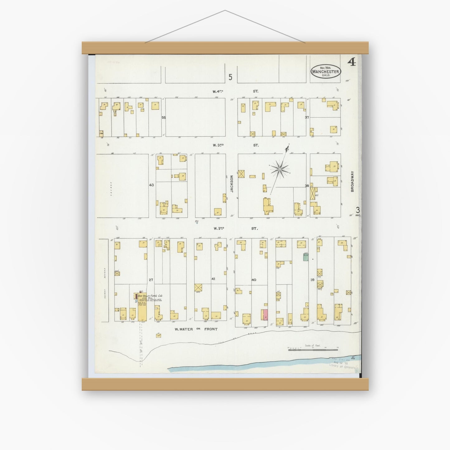 Old map wall art mockup — magnetic wood frame on white wall — Sanborn Fire Insurance Map from Manchester, Adams County, Ohio (1904), Sheet #0004