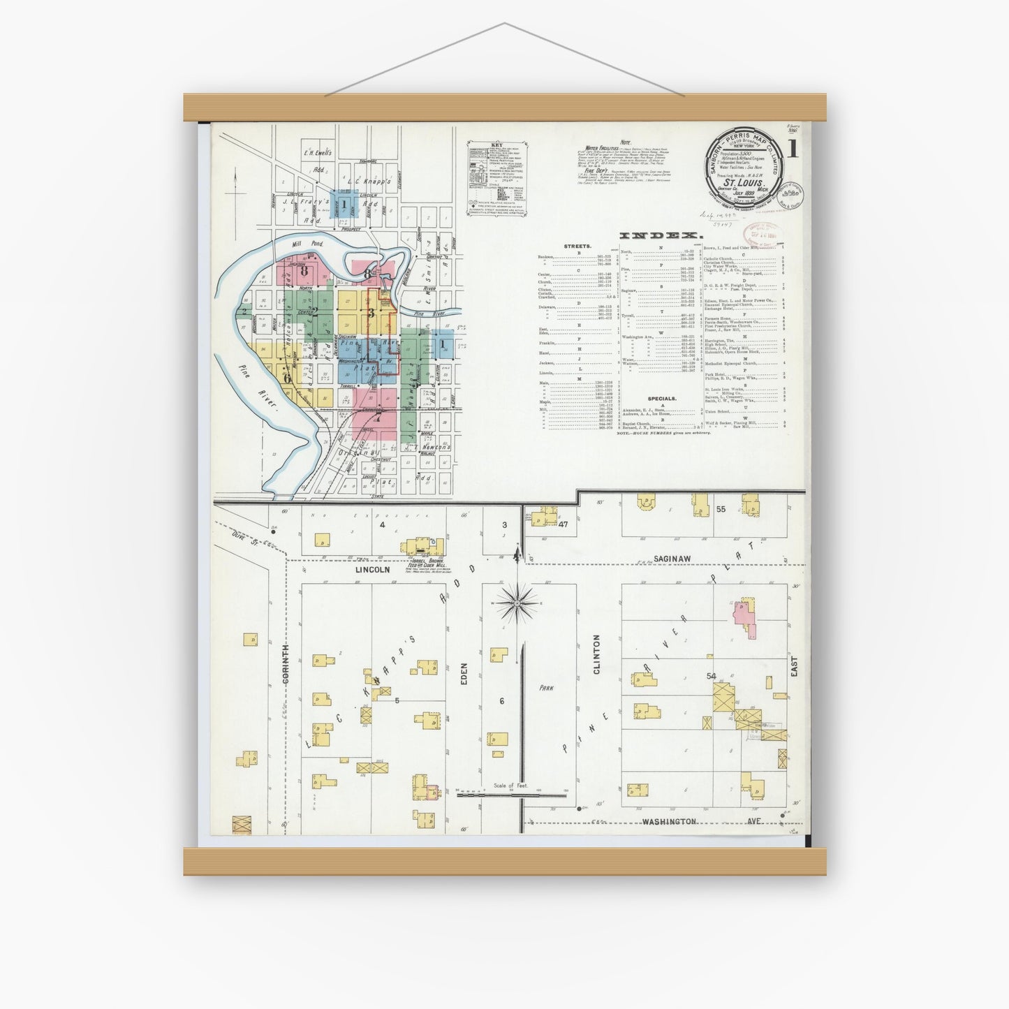 Old map wall art mockup — magnetic wood frame on white wall — Sanborn Fire Insurance Map from Saint Louis, Gratiot County, Michigan (1899) - Complete Map Set