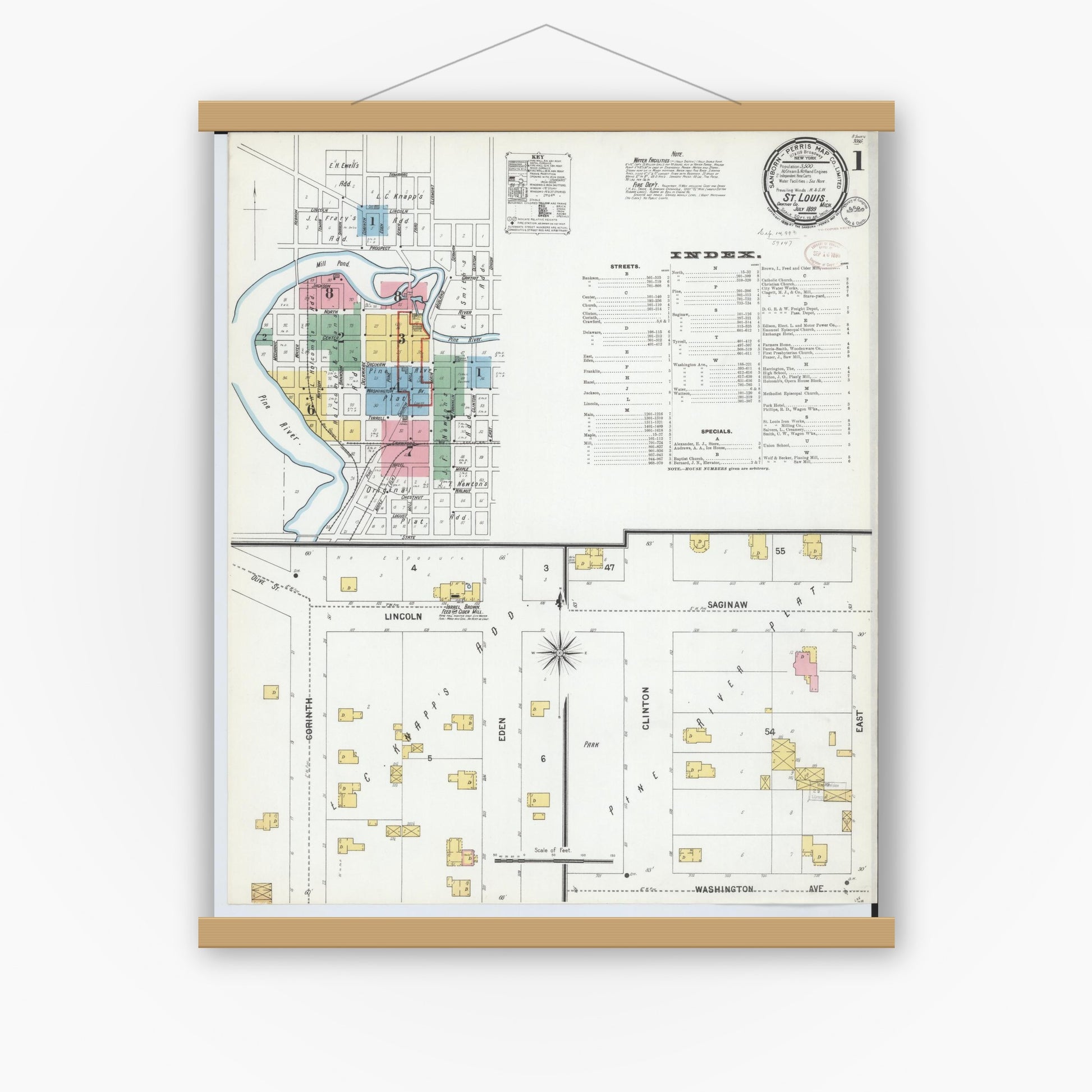 Old map wall art mockup — magnetic wood frame on white wall — Sanborn Fire Insurance Map from Saint Louis, Gratiot County, Michigan (1899) - Complete Map Set