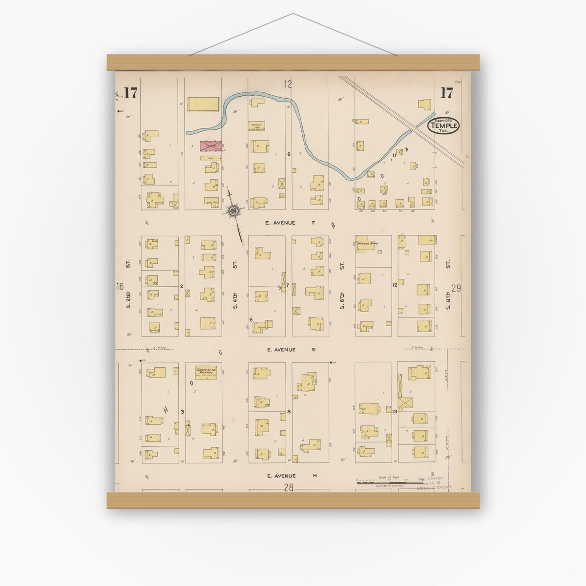 Old map wall art mockup — magnetic wood frame on white wall — Sanborn Fire Insurance Map from Temple, Bell County, Texas (1922), Sheet #0017
