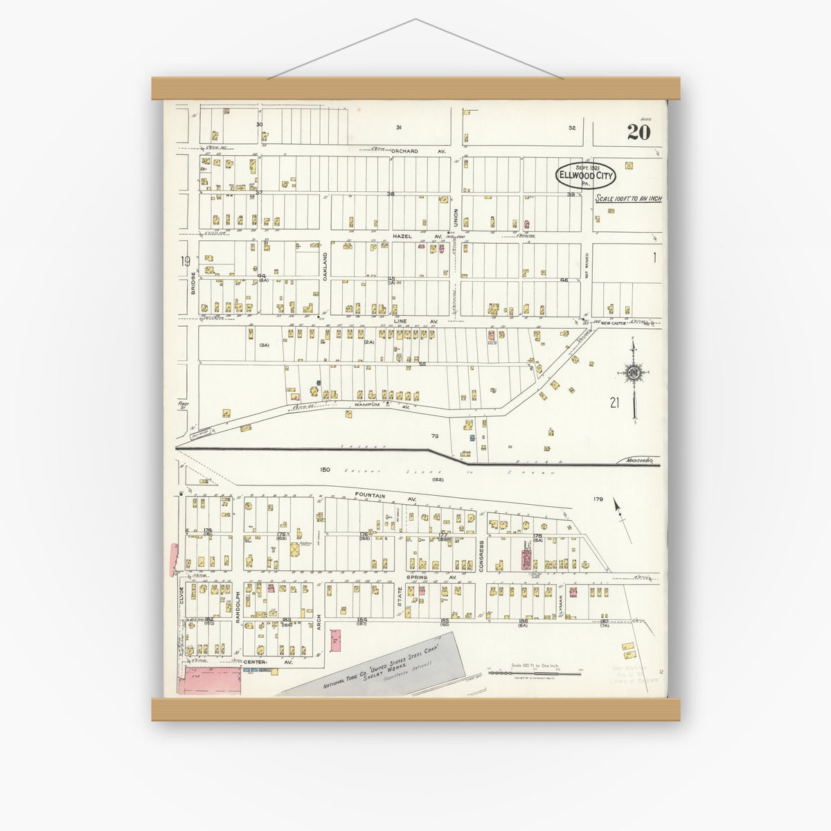 Old map wall art mockup — magnetic wood frame on white wall — Sanborn Fire Insurance Map from Ellwood City, Lawrence County, Pennsylvania (1921), Sheet #0020