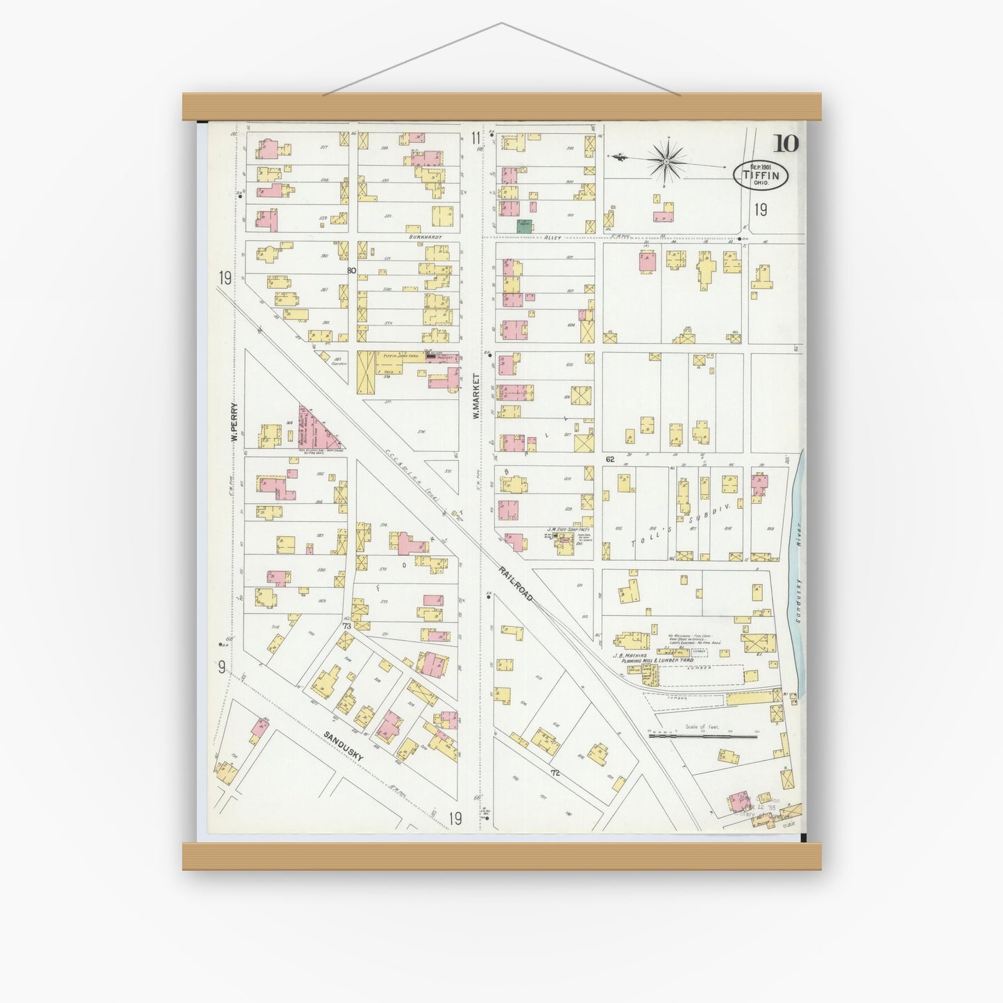 Old map wall art mockup — magnetic wood frame on white wall — Sanborn Fire Insurance Map from Tiffin, Seneca County, Ohio (1901), Sheet #0010