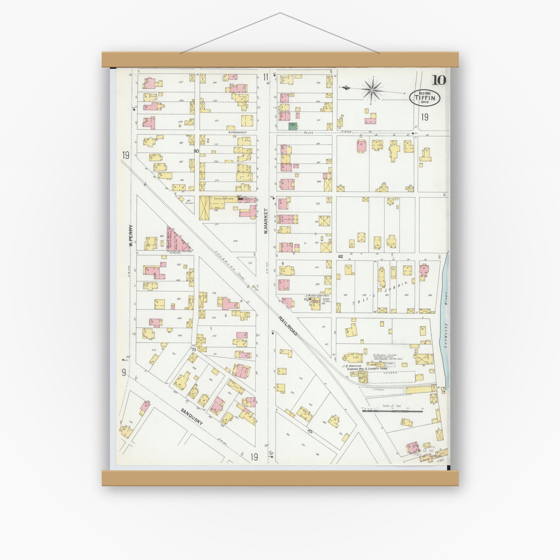 Old map wall art mockup — magnetic wood frame on white wall — Sanborn Fire Insurance Map from Tiffin, Seneca County, Ohio (1901), Sheet #0010