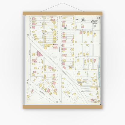 Old map wall art mockup — magnetic wood frame on white wall — Sanborn Fire Insurance Map from Tiffin, Seneca County, Ohio (1901), Sheet #0010