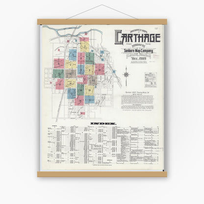 Old map wall art mockup — magnetic wood frame on white wall — Sanborn Fire Insurance Map from Carthage, Jasper County, Missouri (1909) - Complete Map Set