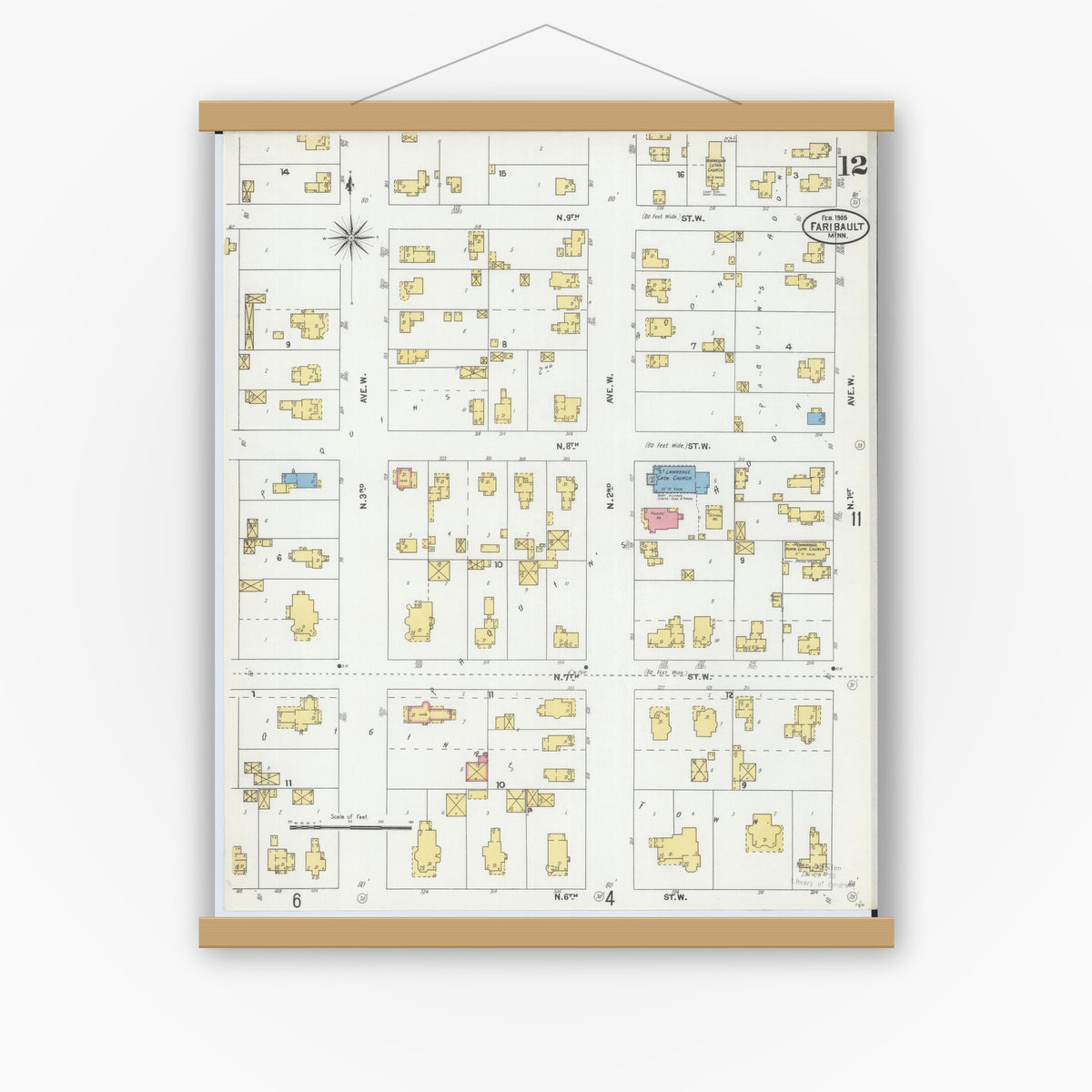 Old map wall art mockup — magnetic wood frame on white wall — Sanborn Fire Insurance Map from Faribault, Rice County, Minnesota (1905), Sheet #0012
