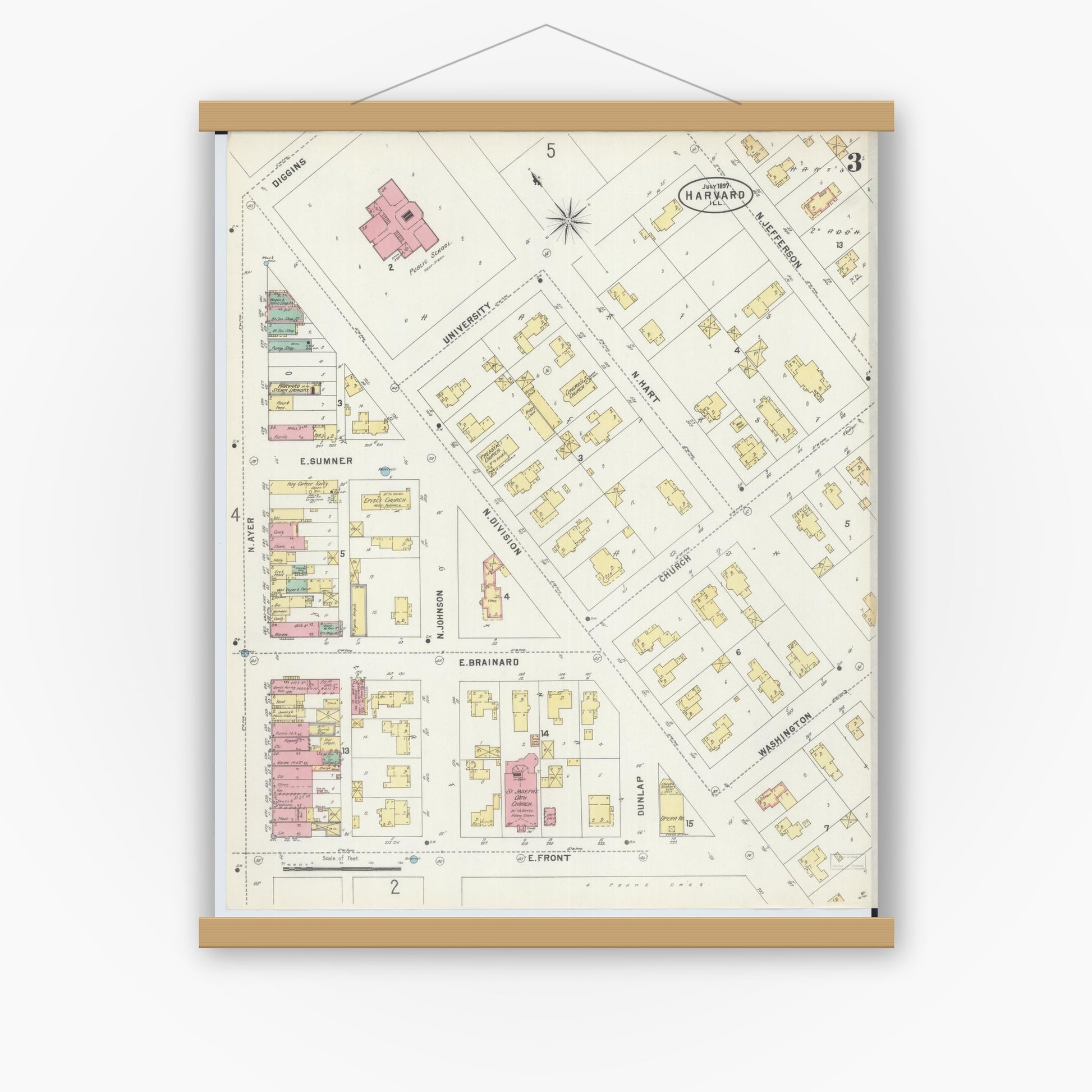 Old map wall art mockup — magnetic wood frame on white wall — Sanborn Fire Insurance Map from Harvard, McHenry County, Illinois (1897), Sheet #0003