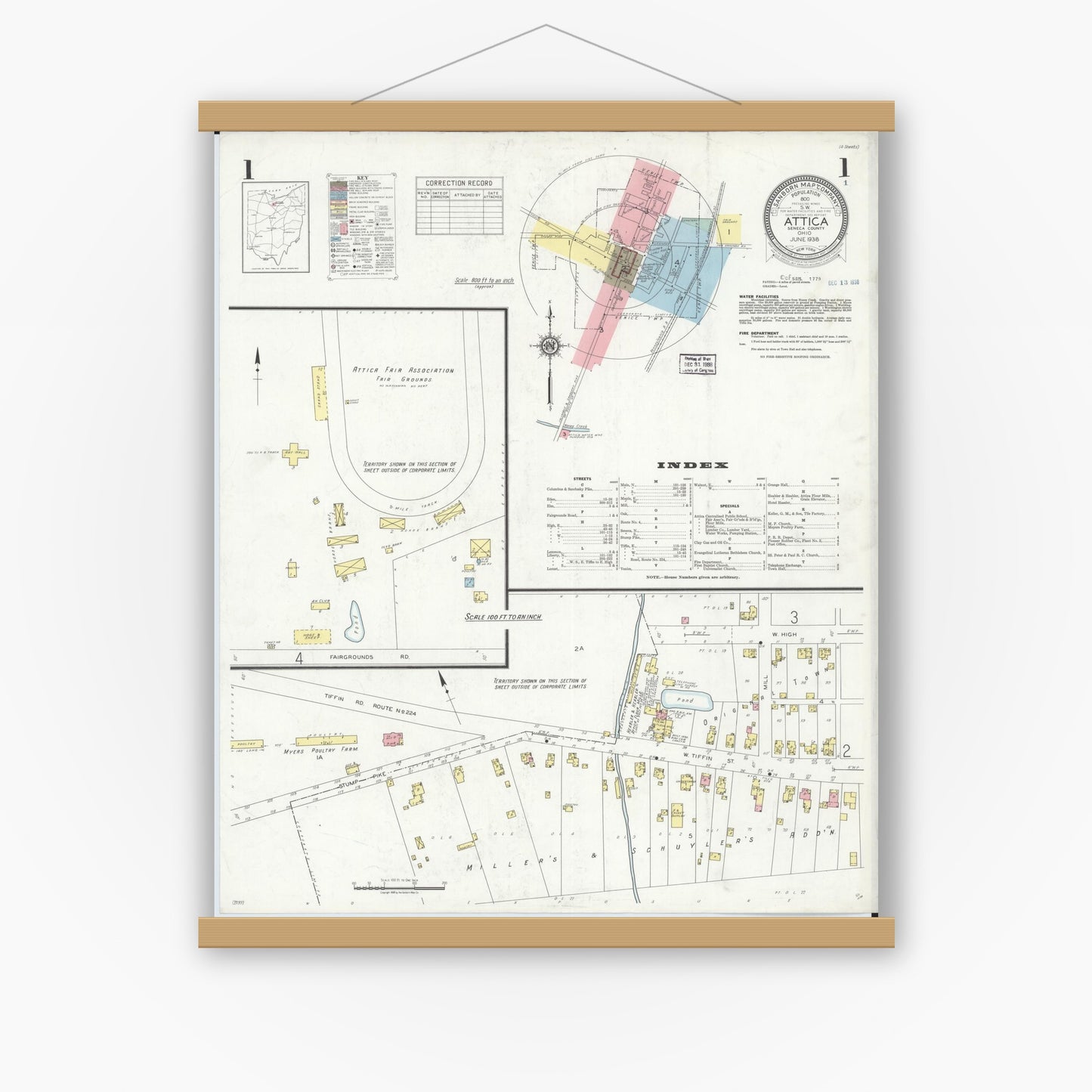 Old map wall art mockup — magnetic wood frame on white wall — Sanborn Fire Insurance Map from Attica, Seneca County, Ohio (1938), Sheet #0001