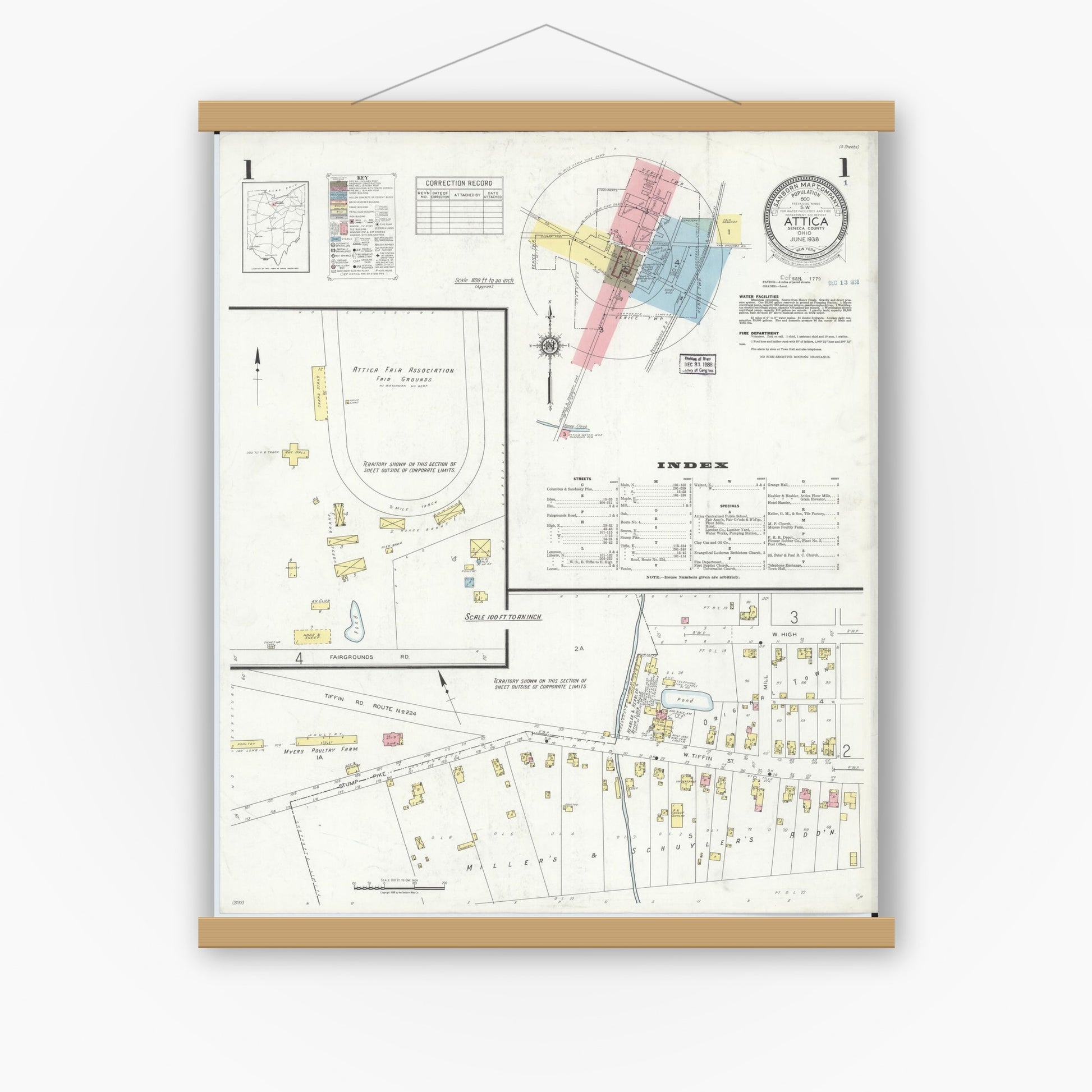 Old map wall art mockup — magnetic wood frame on white wall — Sanborn Fire Insurance Map from Attica, Seneca County, Ohio (1938), Sheet #0001