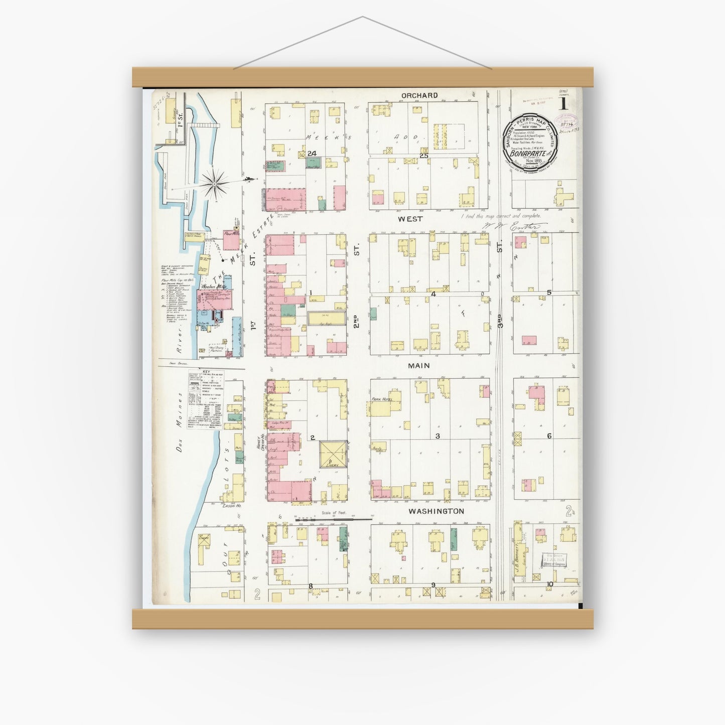 Old map wall art mockup — magnetic wood frame on white wall — Sanborn Fire Insurance Map from Bonaparte, Van Buren County, Iowa (1893) â€” Complete Set