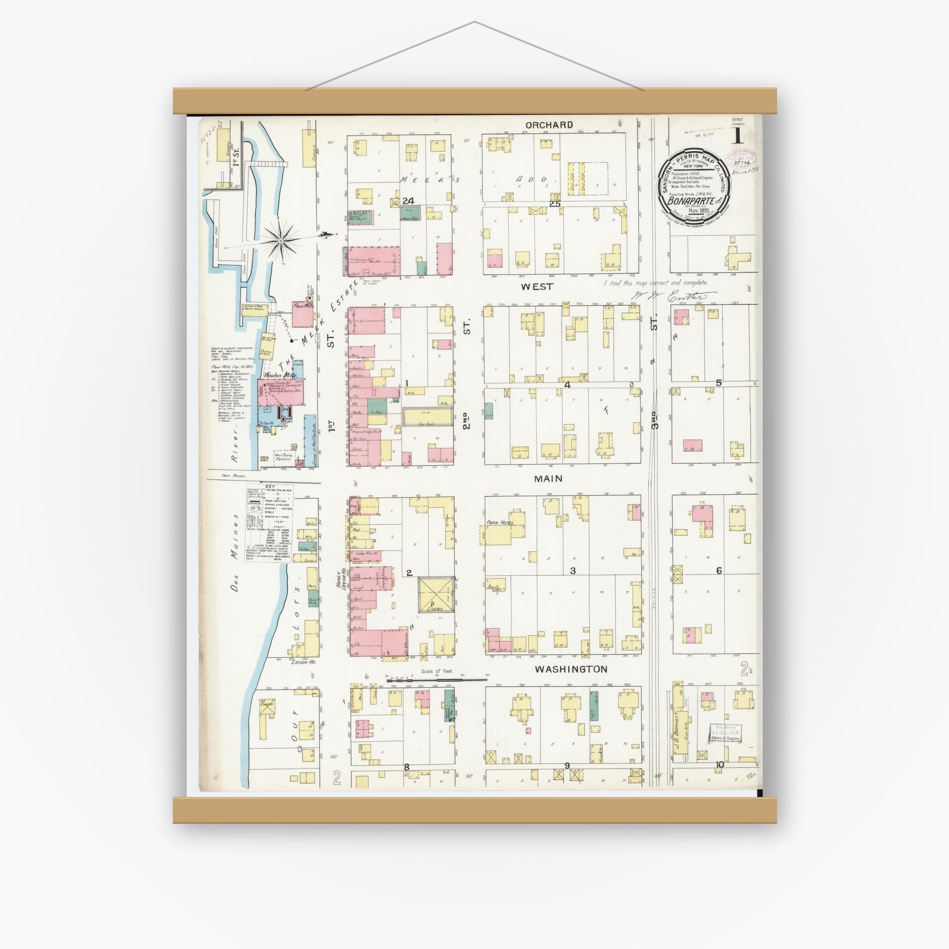 Old map wall art mockup — magnetic wood frame on white wall — Sanborn Fire Insurance Map from Bonaparte, Van Buren County, Iowa (1893) â€” Complete Set