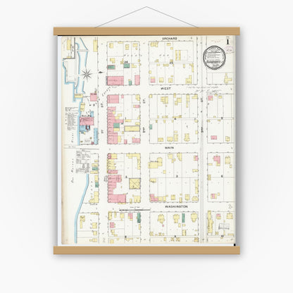 Old map wall art mockup — magnetic wood frame on white wall — Sanborn Fire Insurance Map from Bonaparte, Van Buren County, Iowa (1893) â€” Complete Set