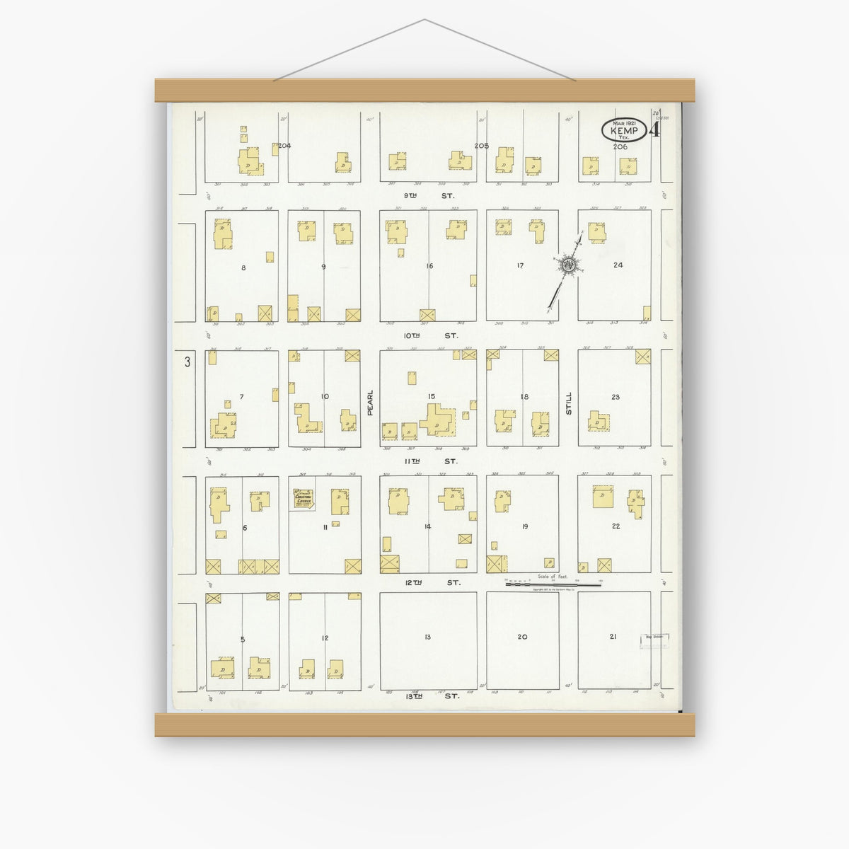 Old map wall art mockup — magnetic wood frame on white wall — Sanborn Fire Insurance Map from Kemp, Kaufman County, Texas (1921), Sheet #0004